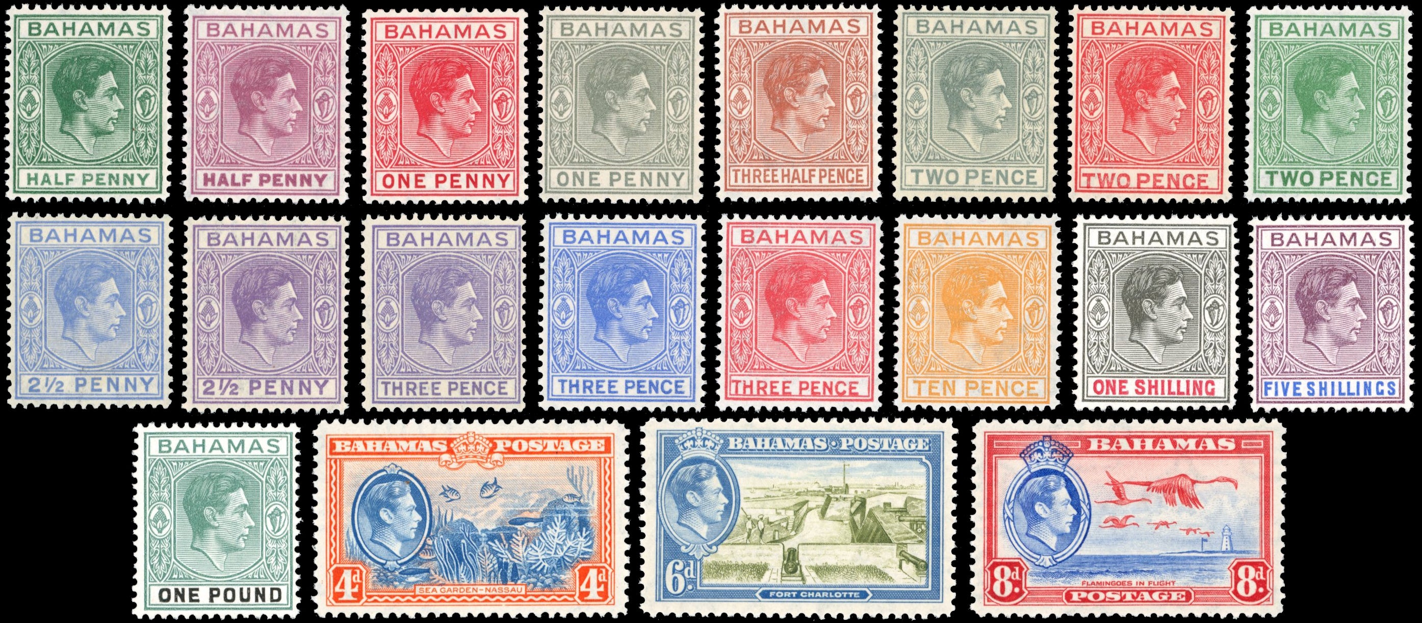 Bahamas SG 149/157a, 158/160 Unmounted Mint 1938-52 KGVI set of 17 and 1938 pictorial set of 3