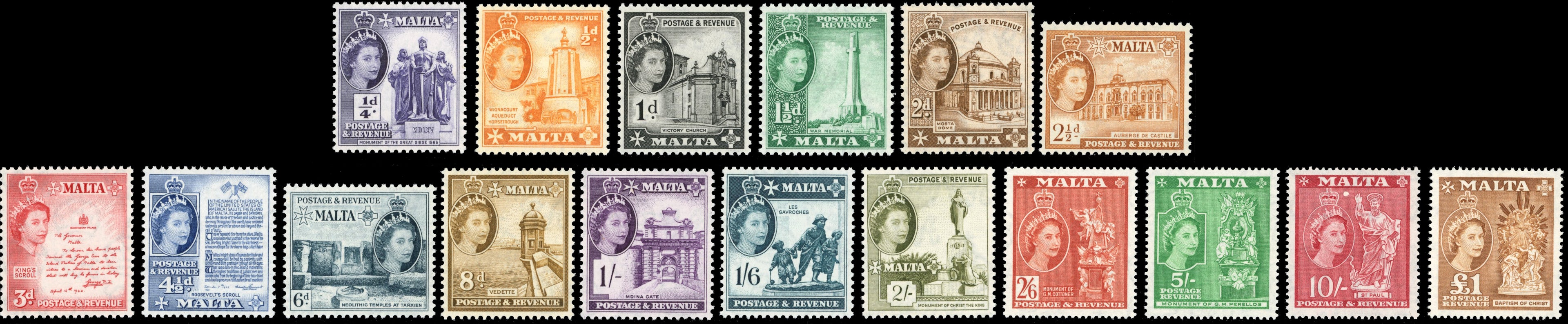 Malta SG 266/282 Unmounted Mint 1956-58 QEII set of 17
