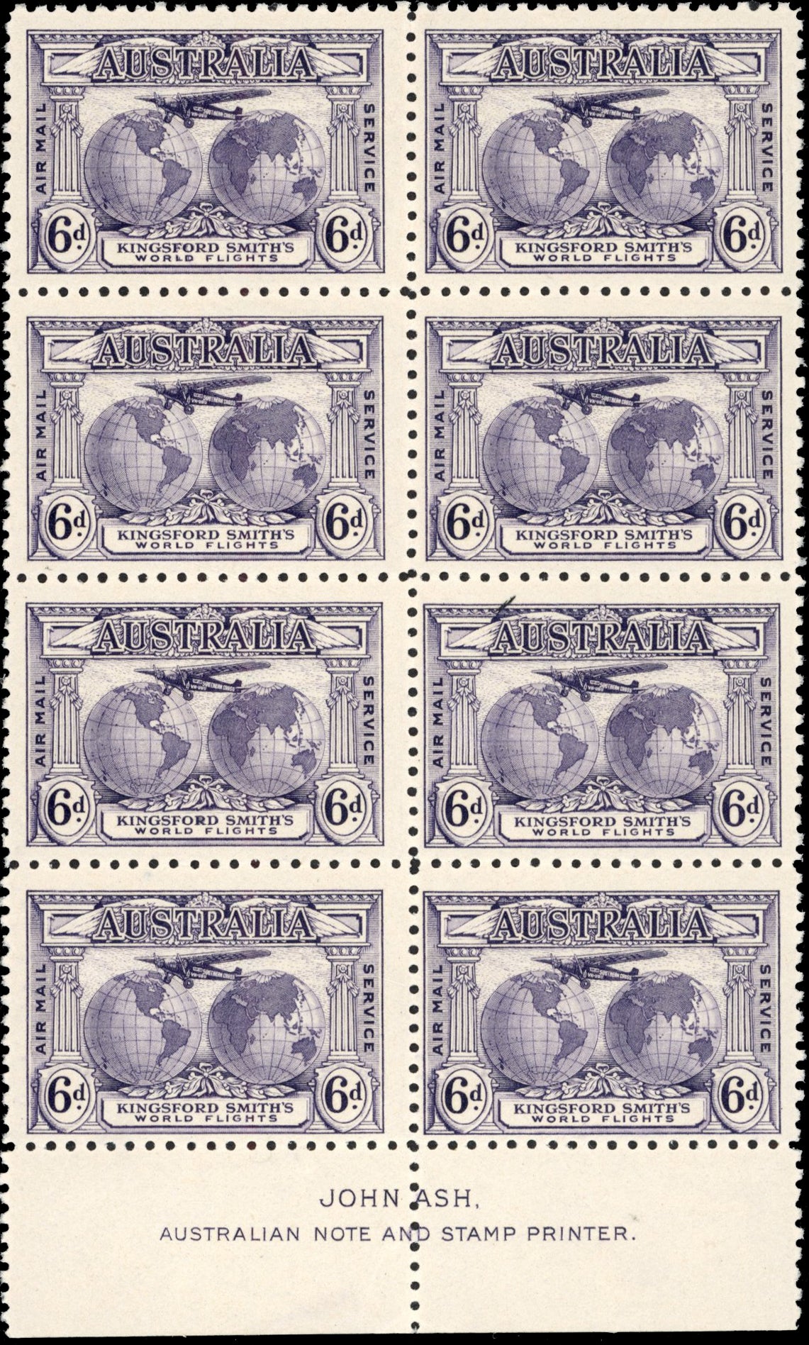 Australia SG 123a Mint 1931 Kingsford Smith 6d imprint block with Re-entry