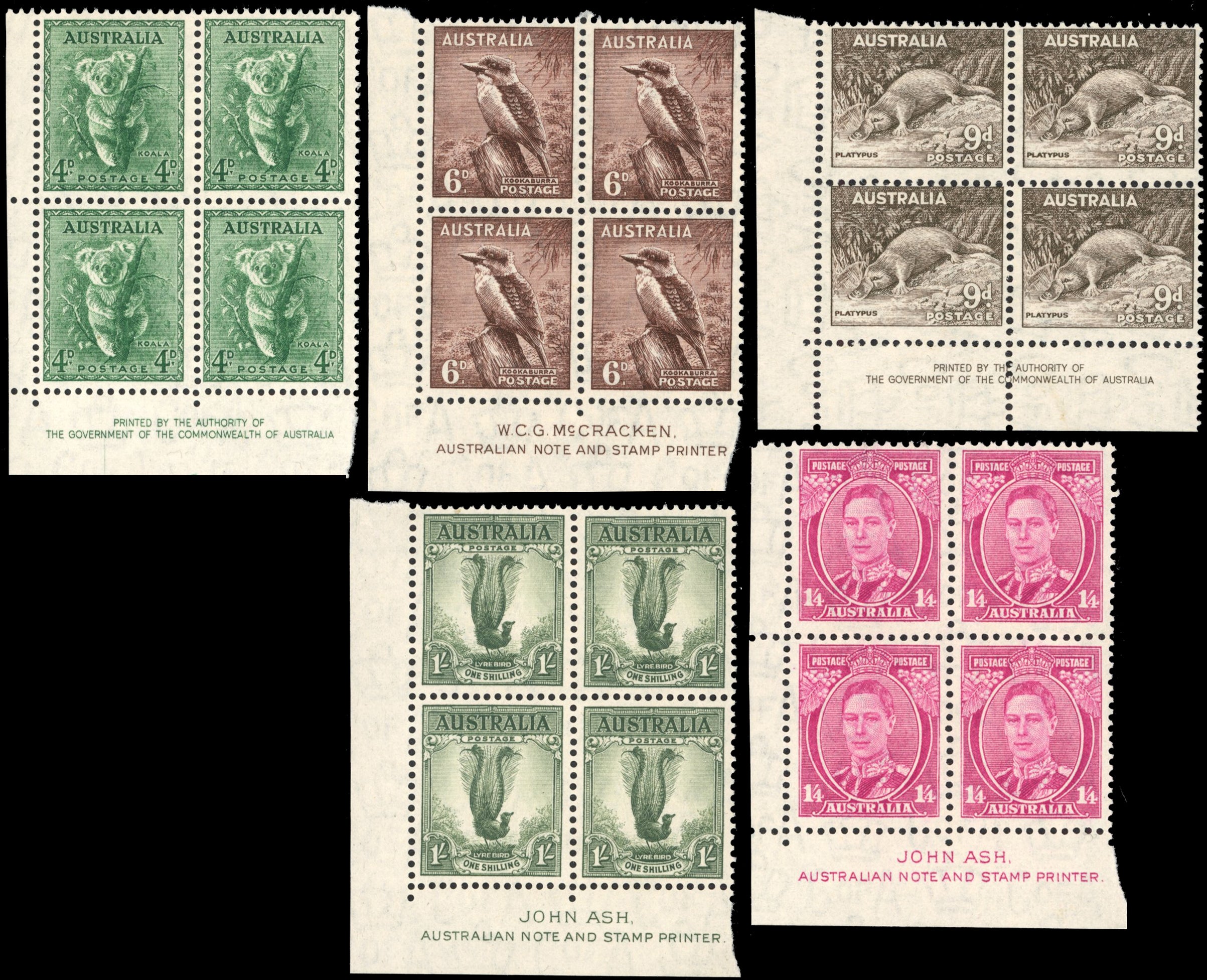 Australia SG 175, 188, 190a, 191, 192 Unmounted Mint 1937-49 4d, 6d, 9d, 1s, 1s4d imprint blocks
