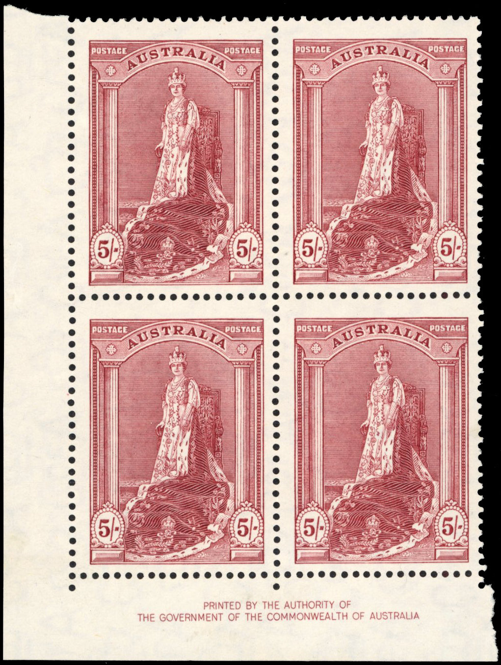 Australia SG 176a Unmounted Mint 1937-49 5s thin paper imprint block