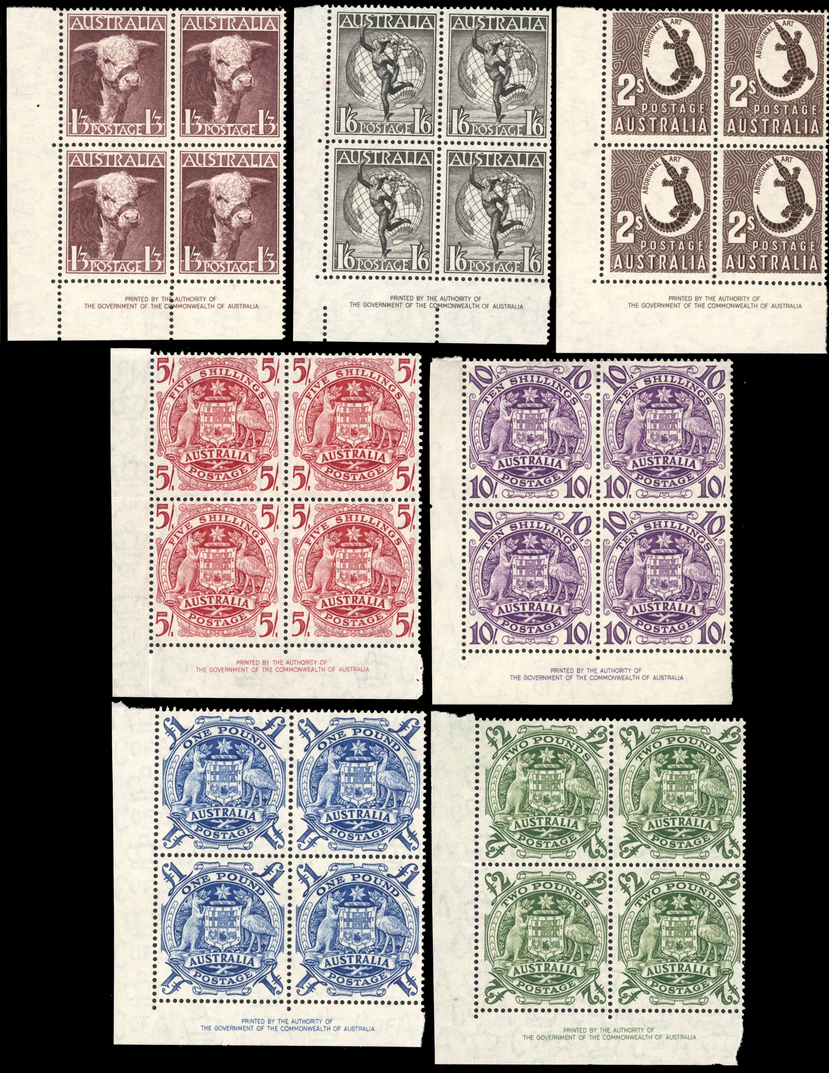 Australia SG 223/224d Unmounted Mint 1948-56 set of 7 imprint blocks