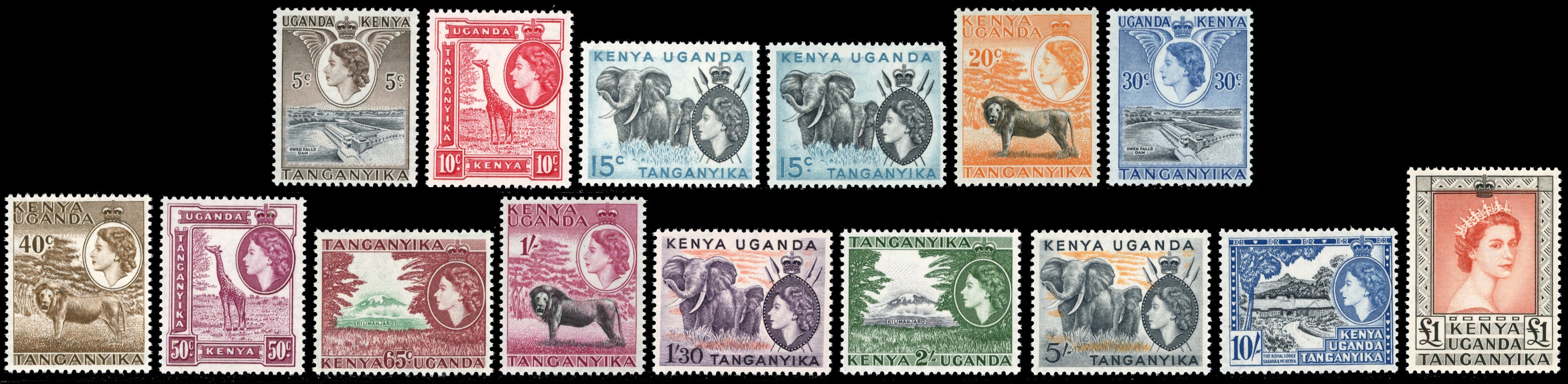Kenya, Uganda and Tanganyika SG 167/180 1954-59 set of 15
