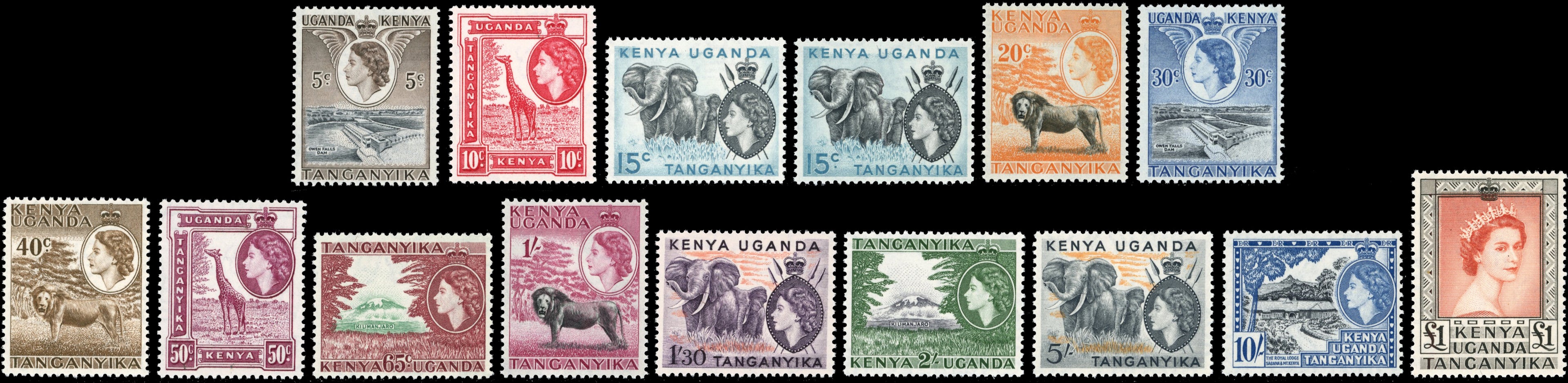 Kenya, Uganda and Tanganyika SG 167/180 1954-59 set of 15