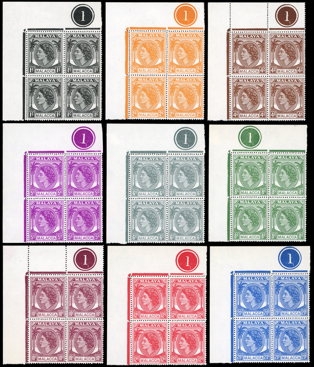 Malaya Malacca SG 23/38 Unmounted Mint 1954-57 set of 16 corner plate blocks