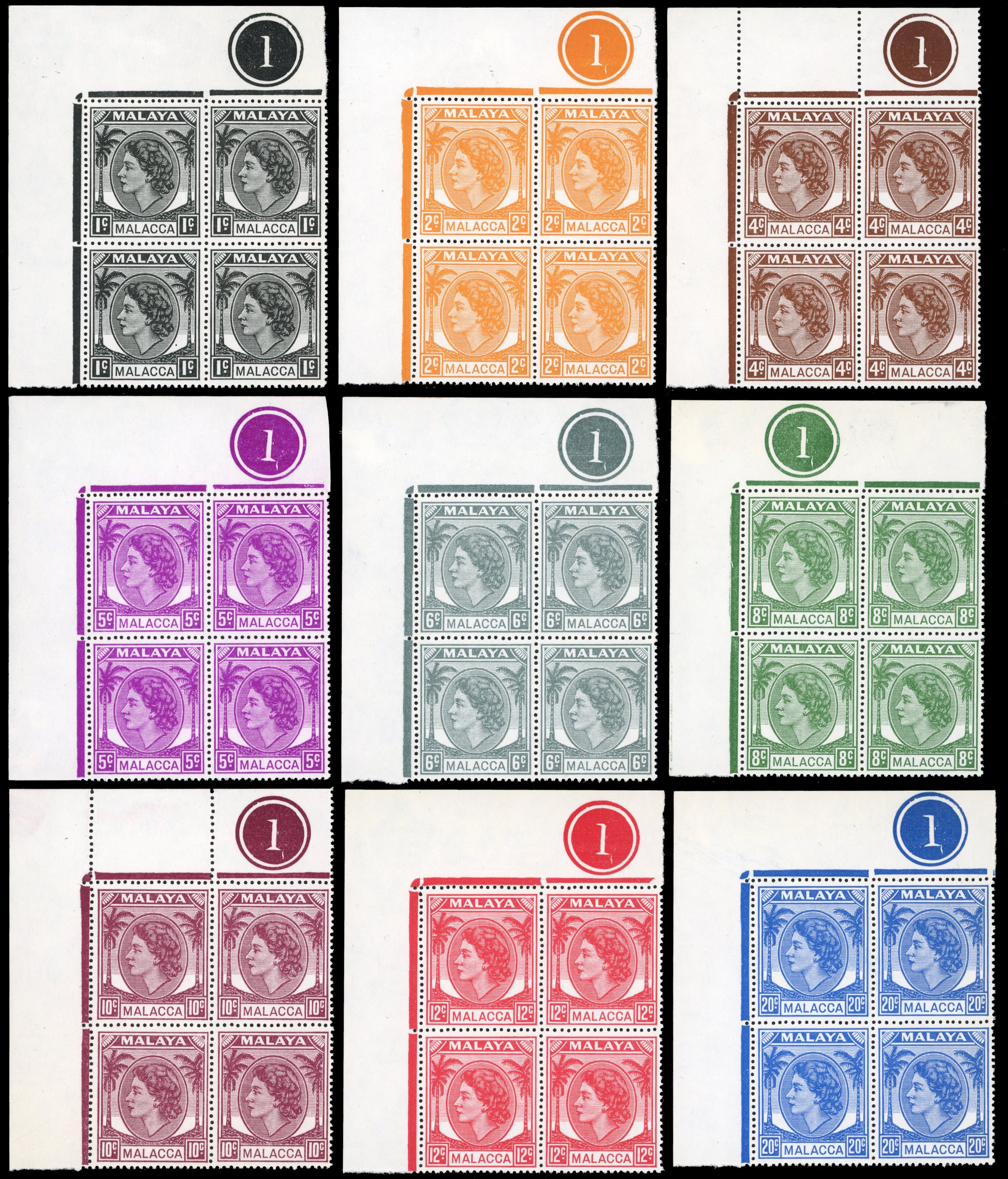 Malaya Malacca SG 23/38 Unmounted Mint 1954-57 set of 16 corner plate blocks