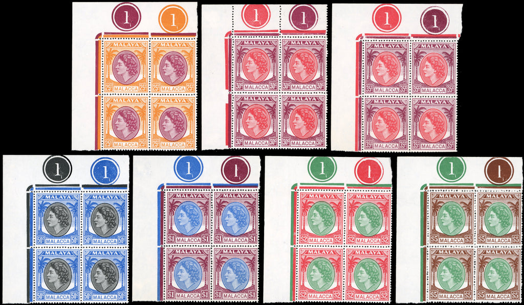 Malaya Malacca SG 23/38 Unmounted Mint 1954-57 set of 16 corner plate blocks