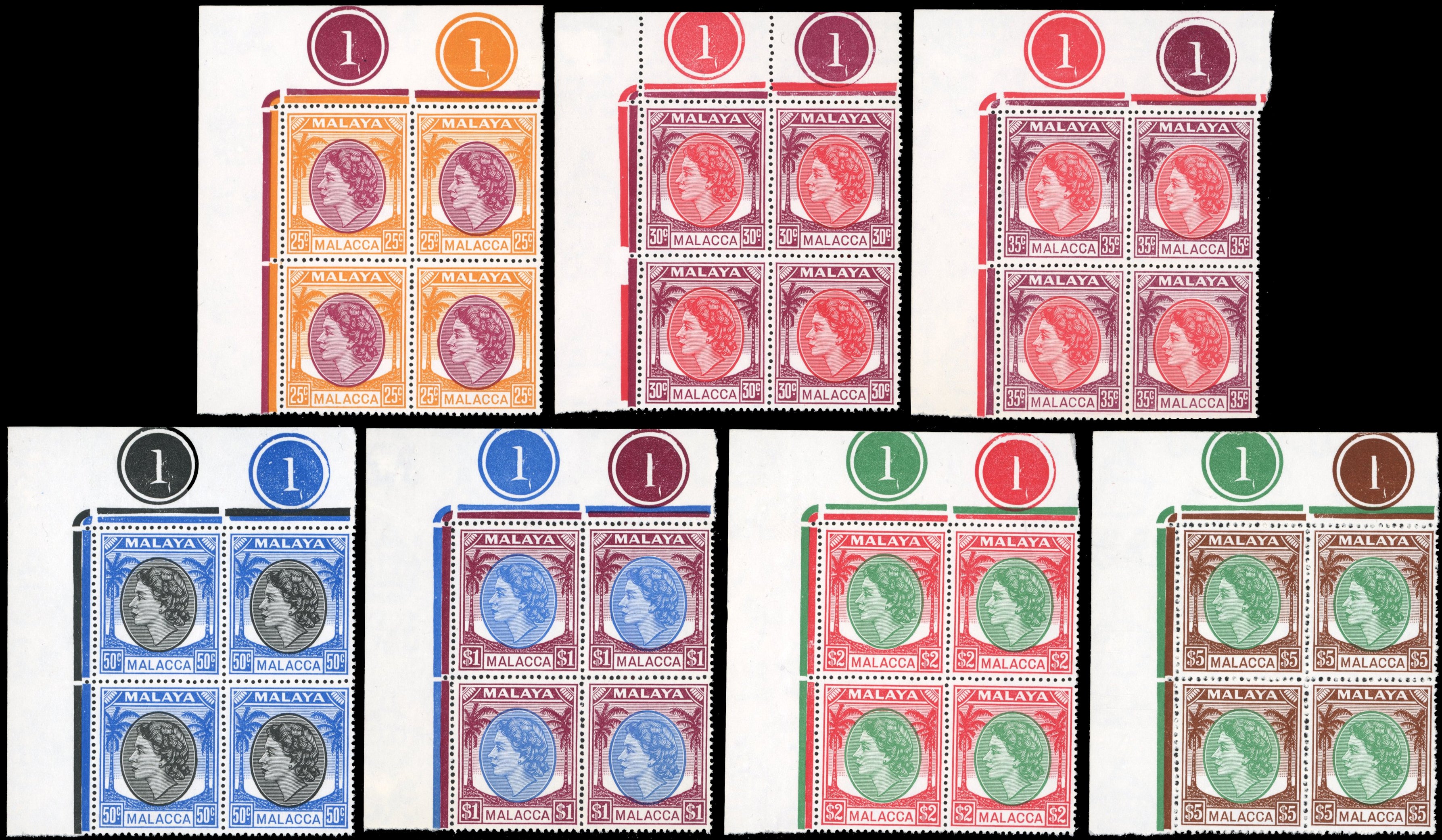 Malaya Malacca SG 23/38 Unmounted Mint 1954-57 set of 16 corner plate blocks