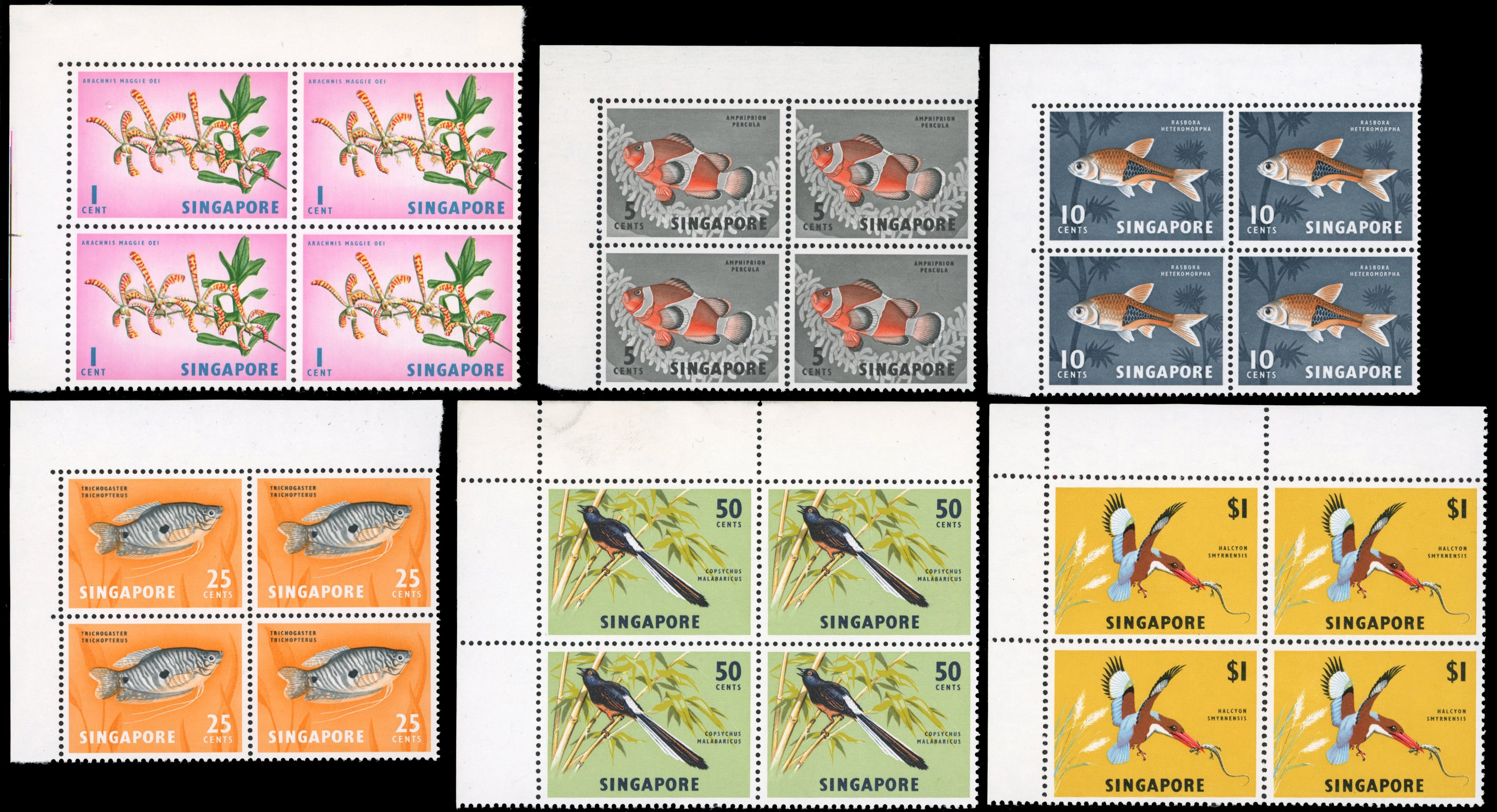 Singapore SG 83/88 Unmounted Mint 1966-67 set of 6 to $1 sideways watermark blocks of 4