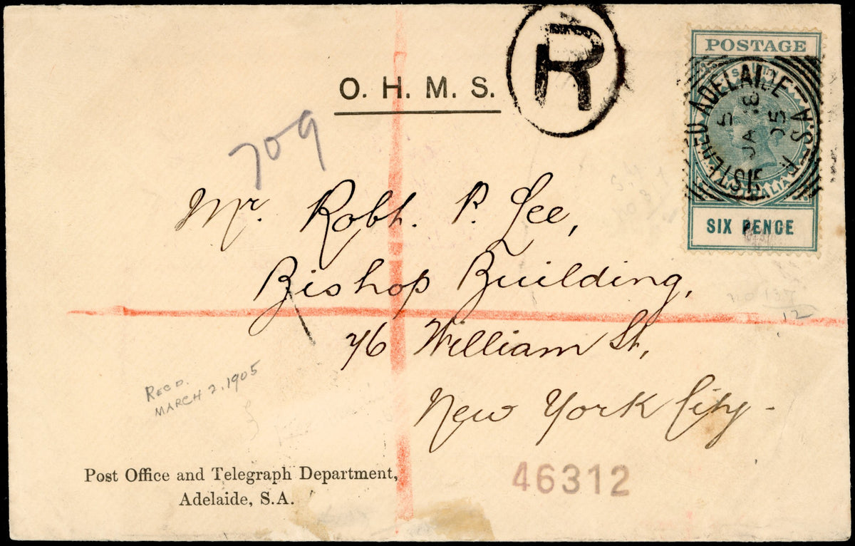 South Australia SG 284 1905 registered OHMS cover to New York