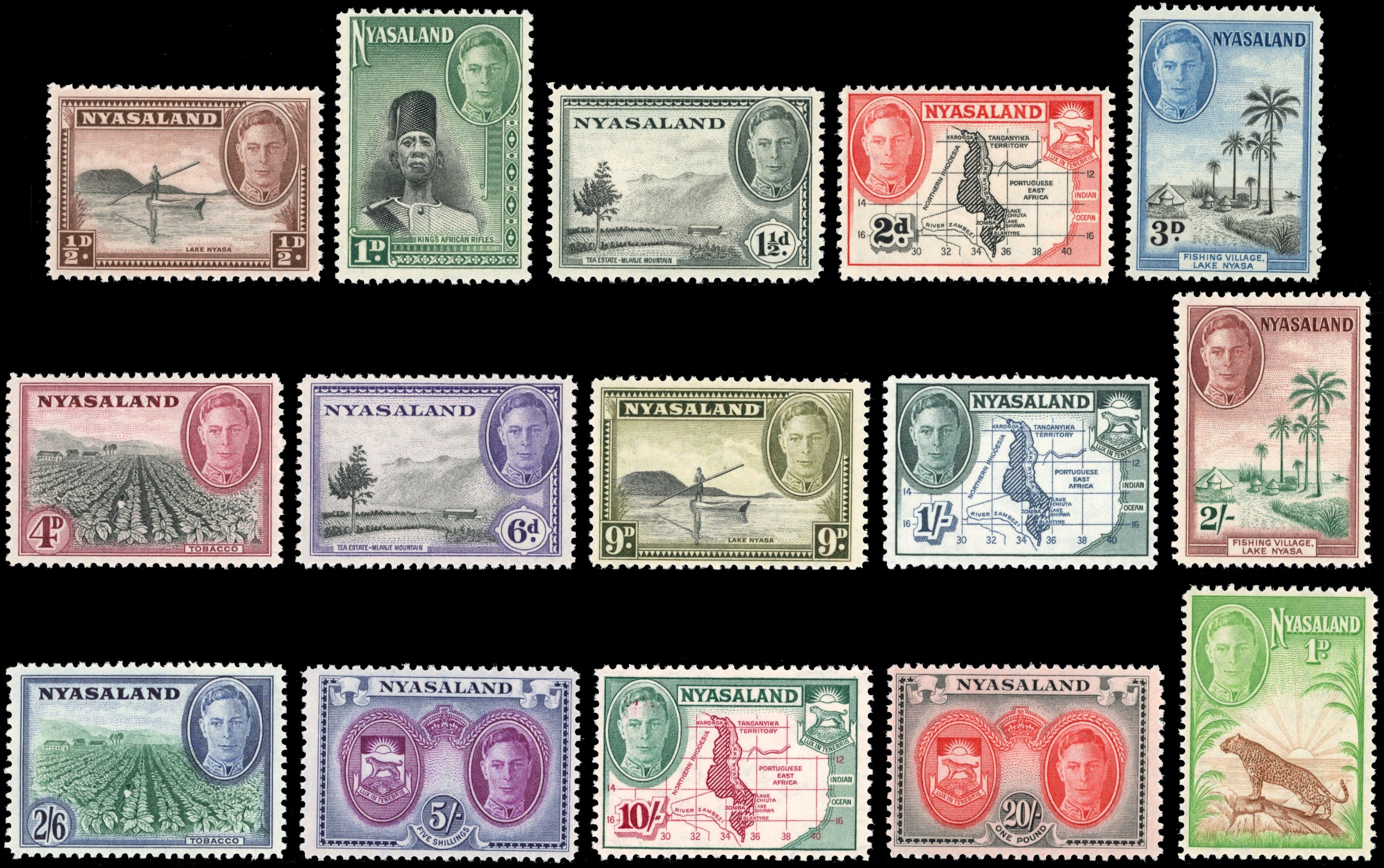 Nyasaland SG 144/157, 160 Unmounted Mint 1945 set of 14 plus 1947 1d leopard