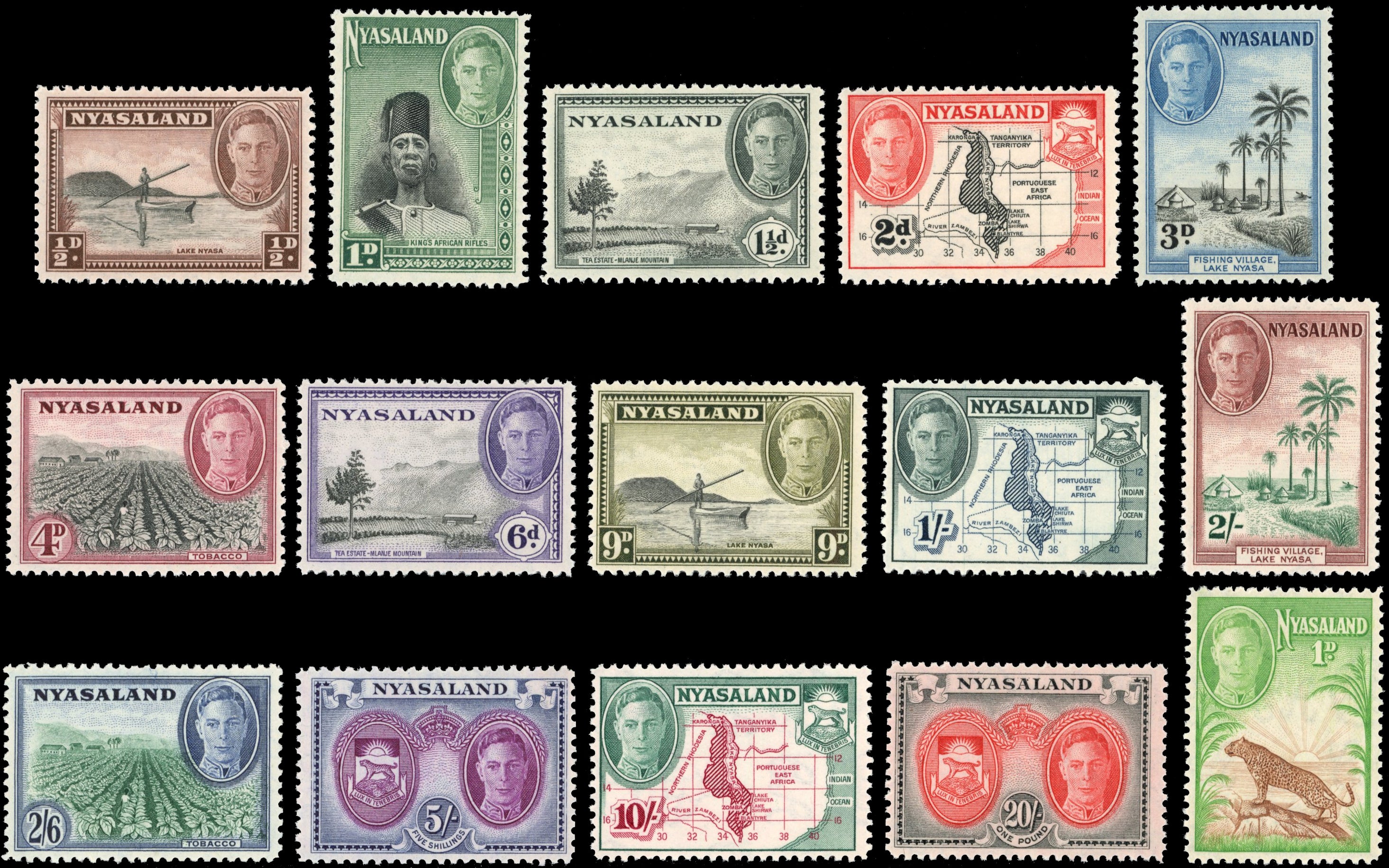 Nyasaland SG 144/157, 160 Unmounted Mint 1945 set of 14 plus 1947 1d leopard