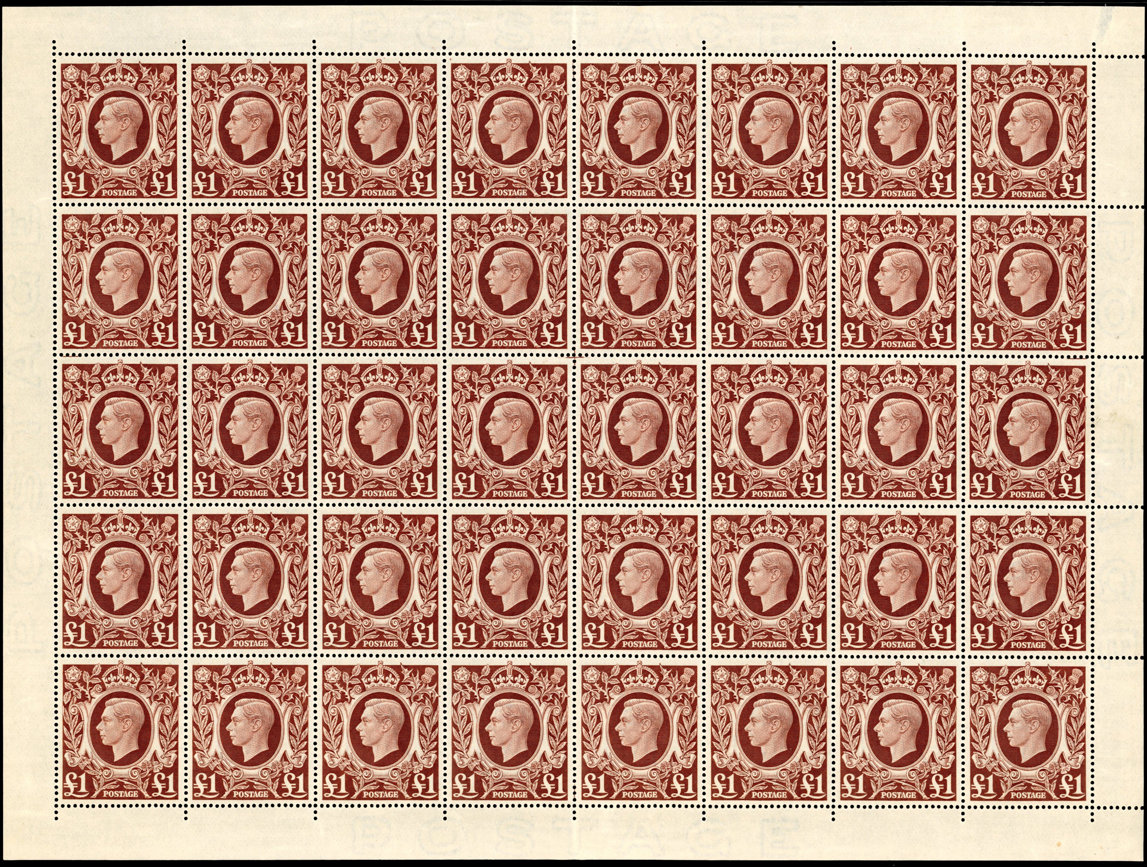 Great Britain SG 478c Unmounted Mint 1939-48 £1 brown complete sheet