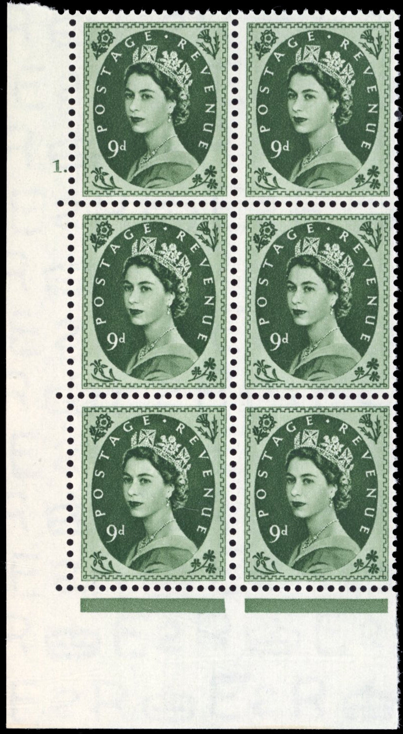Great Britain SG 526 Unmounted Mint 1952-54 9d bronze-green cylinder block 1 Dot
