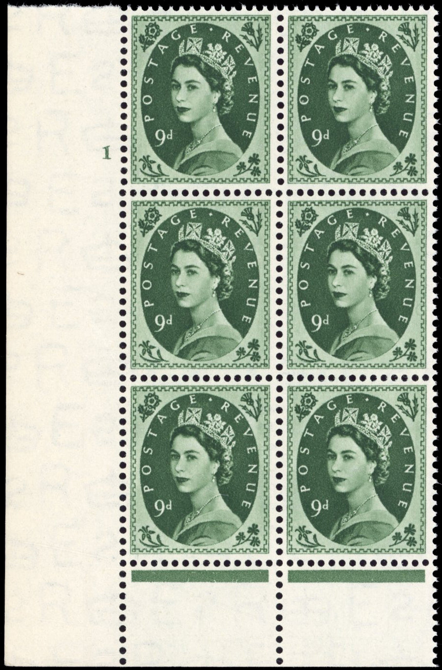 Great Britain SG 526 Unmounted Mint 1952-54 9d bronze-green cylinder block 1 No dot