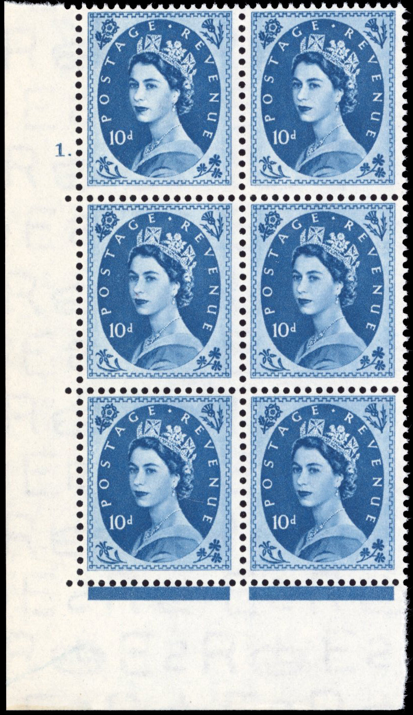 Great Britain SG 527 Unmounted Mint 1952-54 10d turquoise-blue cylinder block 1 Dot