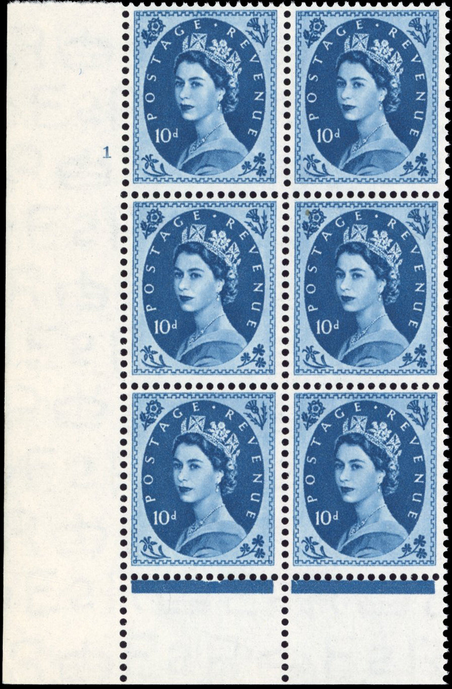 Great Britain SG 527 Unmounted Mint 1952-54 10d turquoise-blue cylinder block 1 No dot