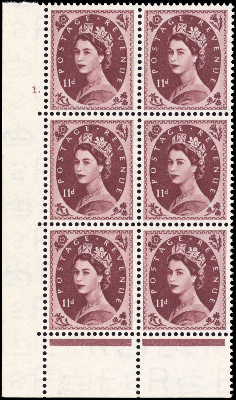 Great Britain SG 528 Unmounted Mint 1952-54 11d brown-purple cylinder block 1 Dot