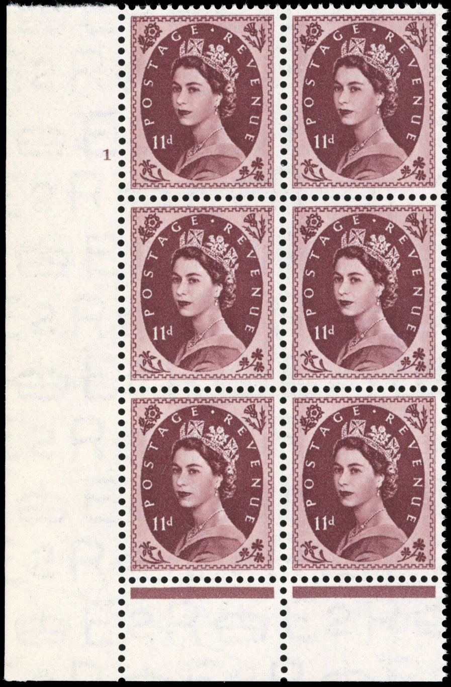Great Britain SG 528 Unmounted Mint 1952-54 11d brown-purple cylinder block 1 No dot