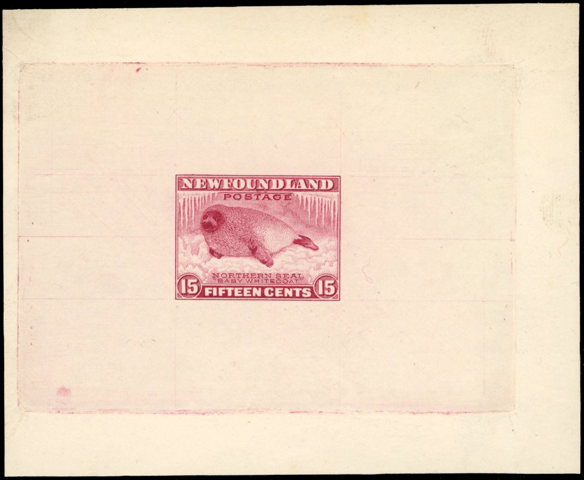 Newfoundland SG 217 Proof 1932 15c Harp Seal die proof in claret