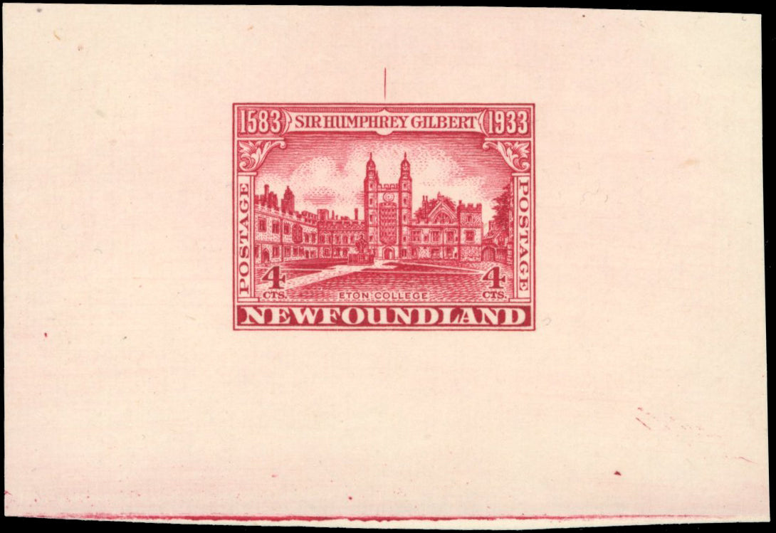 Newfoundland SG 239 Proof 1933 Gilbert 4c Eton College die proof in carmine