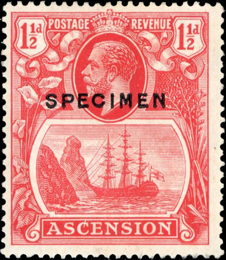 Ascension SG 12es 1924-33 Badge 1½d variety Line through C and overprinted Specimen