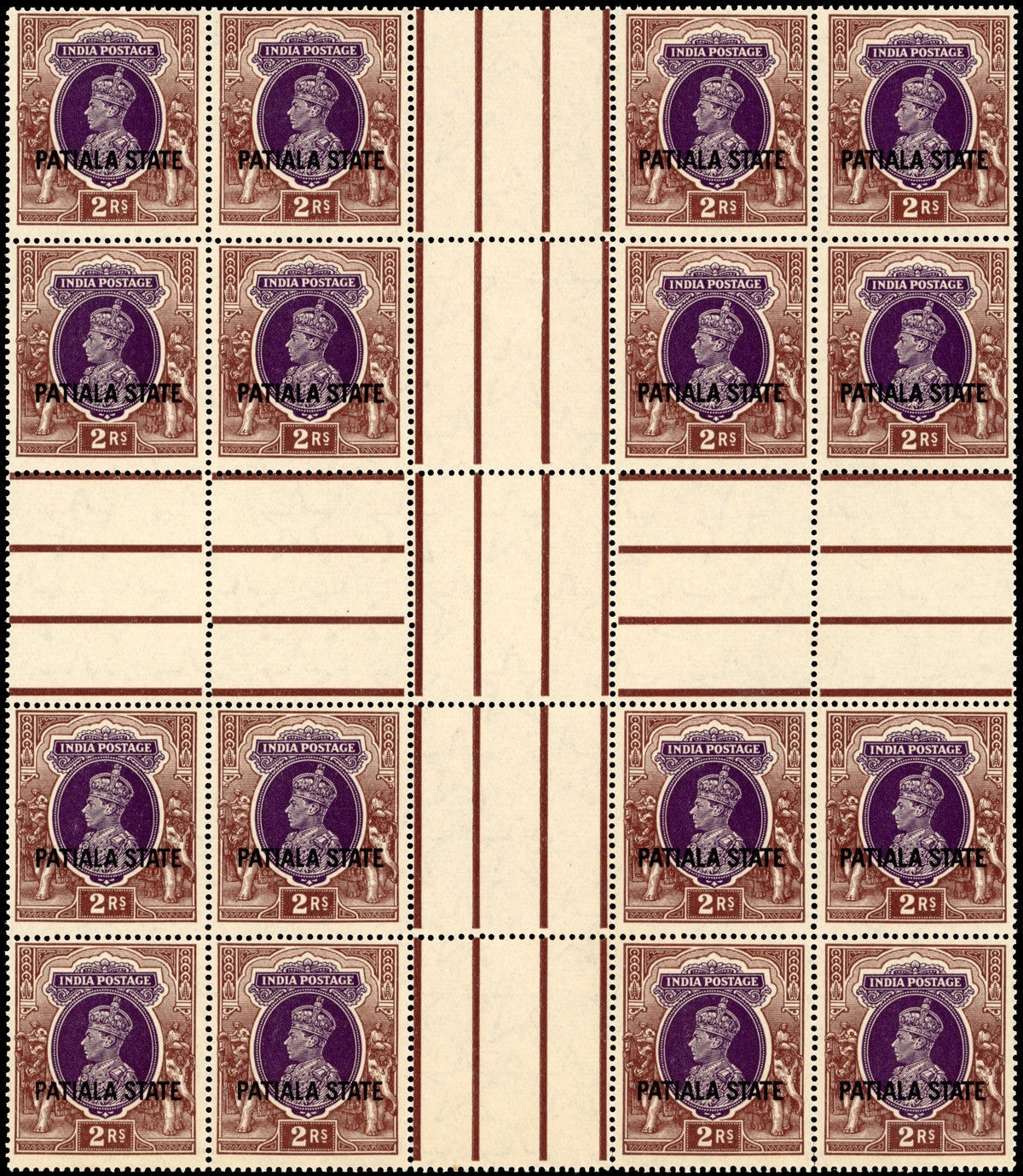 I.C.S. Patiala SG 93 Unmounted Mint 1937-38 2r heart of the sheet block of 16