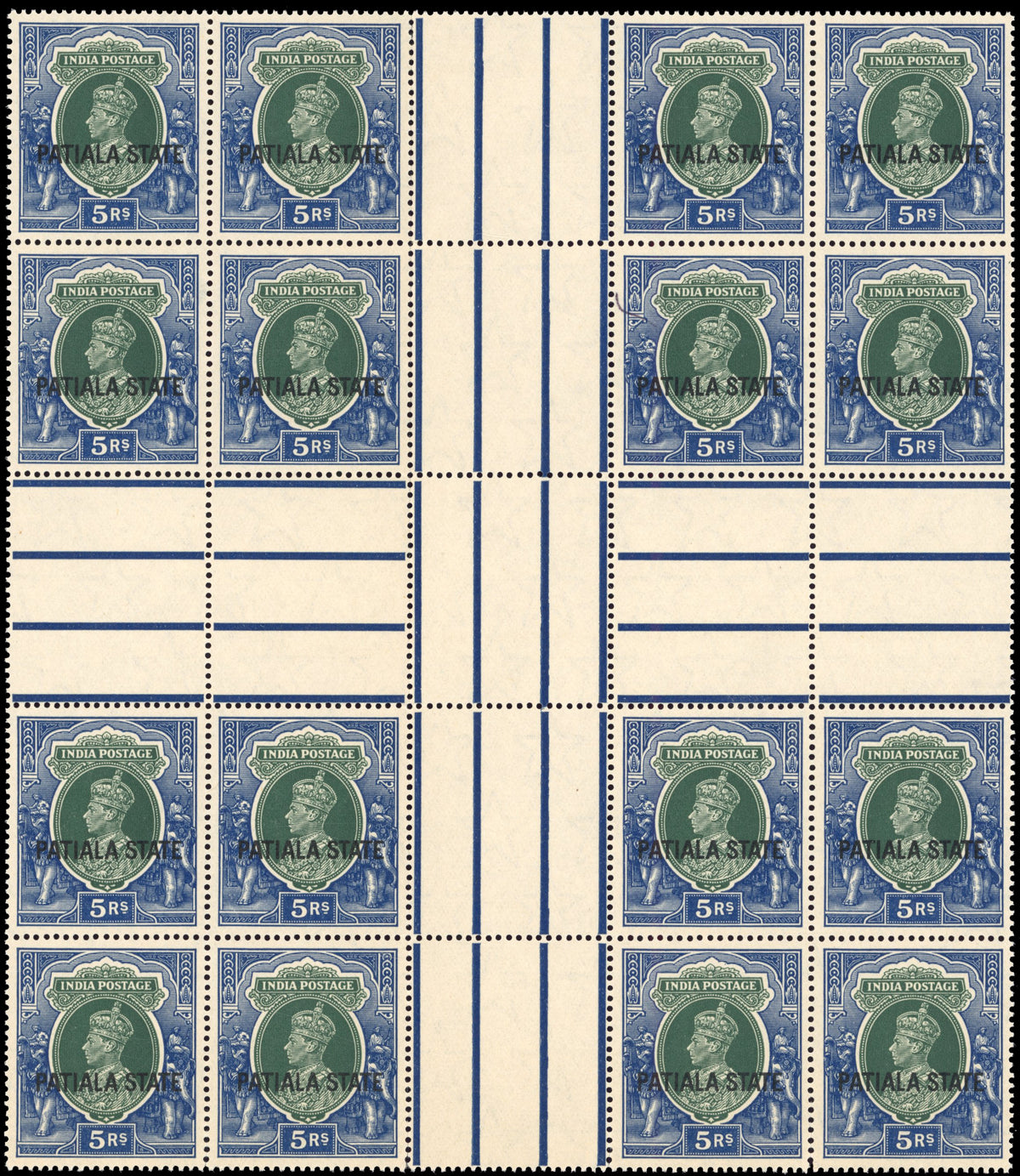 I.C.S. Patiala SG 94 Unmounted Mint 1937-38 5r heart of the sheet block of 16