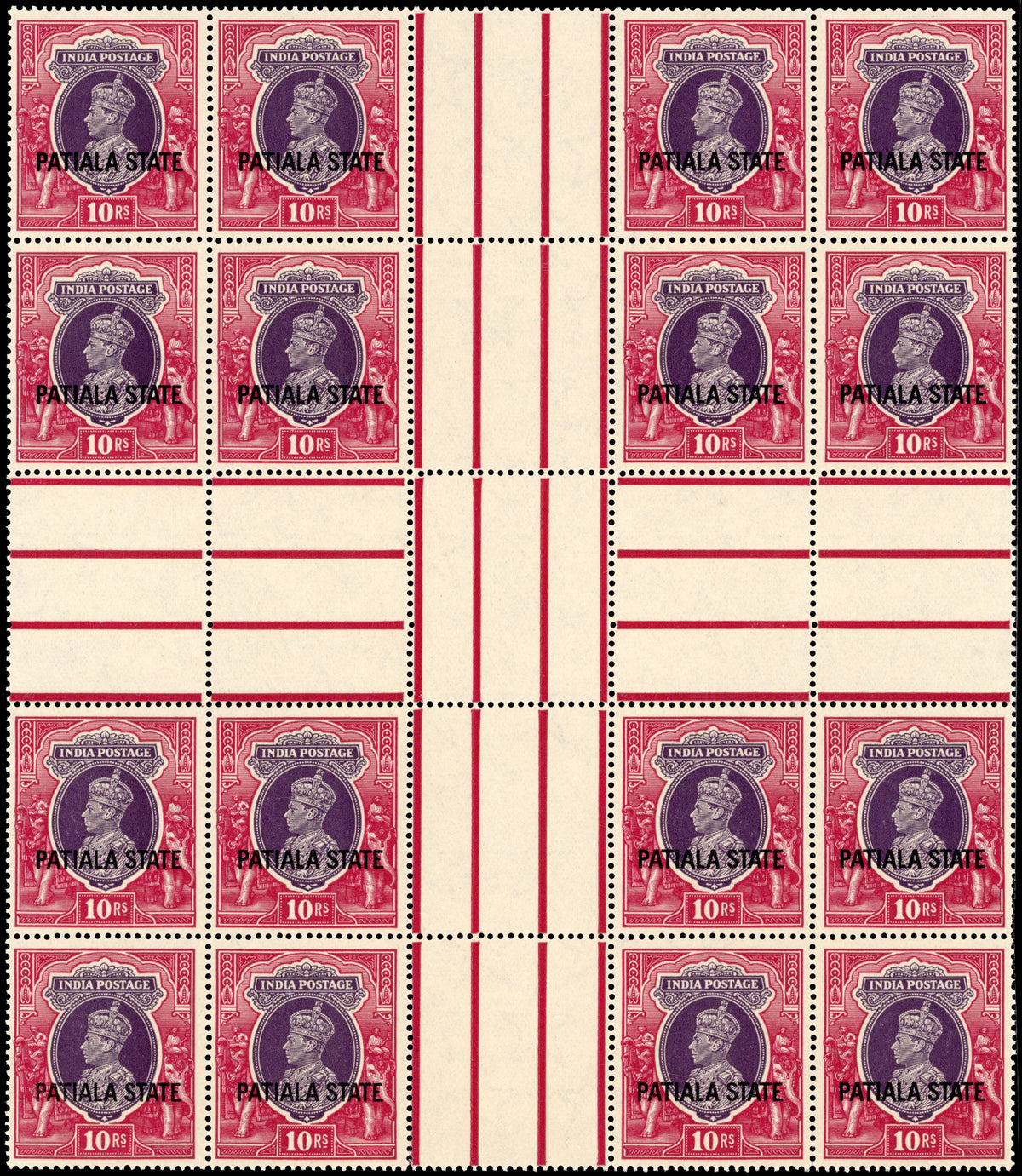 I.C.S. Patiala SG 95 Unmounted Mint 1937-38 10r heart of the sheet block of 16