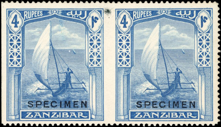 Zanzibar SG 293 1922 4r blue De Le Rue printer's sample imperf between and at left
