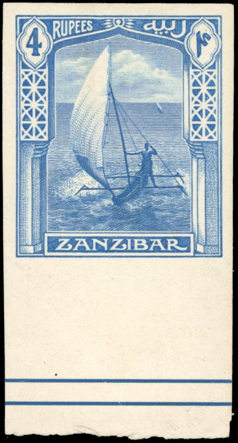 Zanzibar SG 293 1922 4r blue De La Rue printer's sample imperf