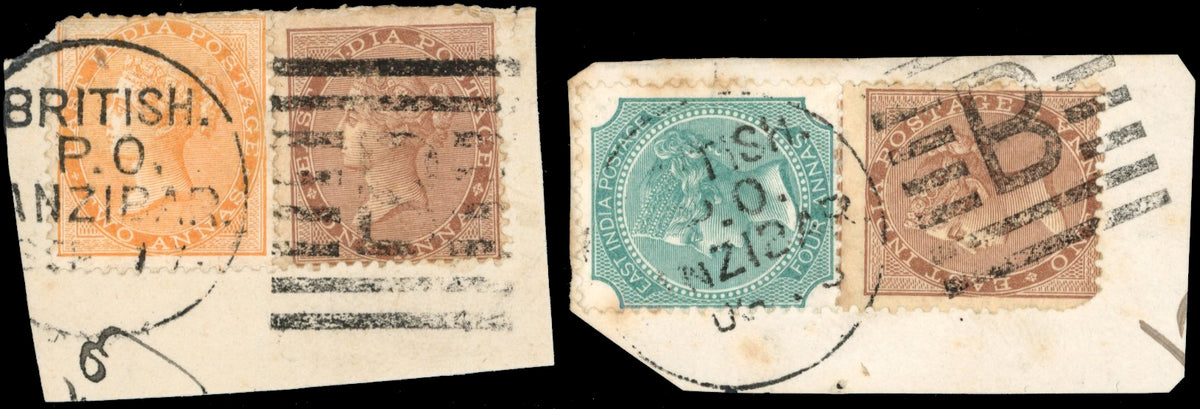 Zanzibar SG Z11, Z12, Z14 Cancel India 1865 1a, 2a and 1878 4a used with type Z2 duplex
