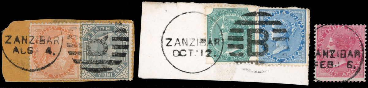 Zanzibar SG Z26, Z27, Z28, Z29, Z29a Cancel India 1865 2a, 1868 8a, 1873 ½a, 1874 1r, 1878 4a used with type Z3 duplex