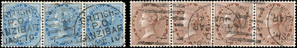 Zanzibar SG Z11, Z16 Cancel India 1865 1a strip of 4, 1873 ½a strip of 3 used with type Z2 duplex