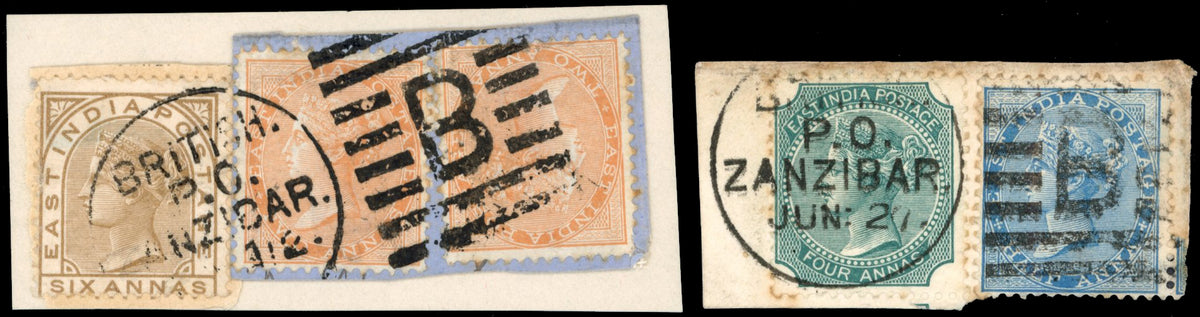 Zanzibar SG Z12a, Z14, Z16, Z18 Cancel India 1865 2a, 1873 ½a, 1876 6a, 1878 4a used with type Z2 duplex