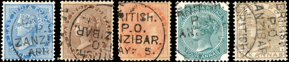 Zanzibar SG Z11, Z12a, Z14, Z16, Z18 Cancel India 1865 1a, 2a, 1873 ½a, 1876 6a, 1878 4a used with type Z2 duplex cds