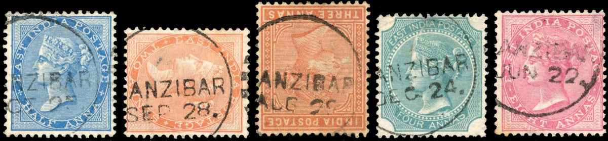Zanzibar SG Z26, Z27, Z28, Z29, Z34 Cancel India 1865 2a, 1868 8a, 1873 ½a, 1878 4a, 1882-83 3a used with type Z3 duplex cds
