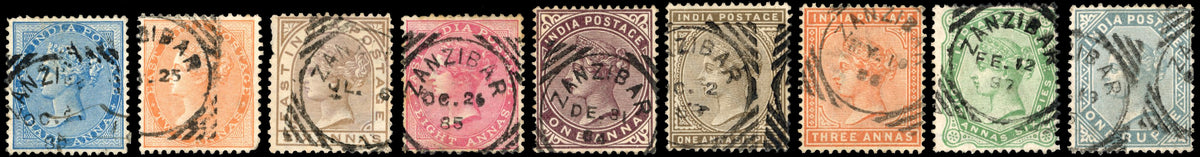 Zanzibar SG Z40/Z54 btwn Cancel India 1865 2a brown-orange, 1868 8a, 1873 ½a, 1876 6a, 1882-86 1a, 1a6p, 3a, 4a6p, 1r used with type Z4 squared circle