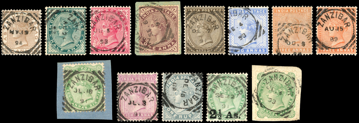 Zanzibar SG Z60, Z62/75 btwn Cancel India 1876 6a, 1882-90 ½a to 3a, 4a6p, 8a, 1r, 1891 2½a on 4a6p, 1892-95 2a6p with type Z5 squared circle