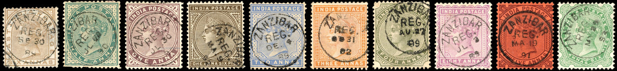 Zanzibar SG Z80, Z81/94 btwn Cancel India 1876 6a, 1882-90 ½a, 1a, 2a, 3a, 4a, 8a, 12a, 1892-95 2a6p with type Z6 cds