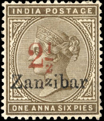 Zanzibar SG 29l Mint 1895-96 2½ on 1½a sepia type 6 surcharge in red, variety Surcharge double, one albino