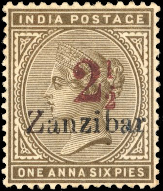 Zanzibar SG 30C Mint 1895-96 2½ on 1a6p sepia type 7 surcharge in red and variety Tall second z