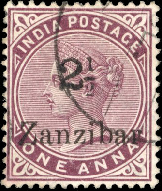 Zanzibar SG 24 Used 1895-96 2½ on 1a plum type 4 surcharge in black