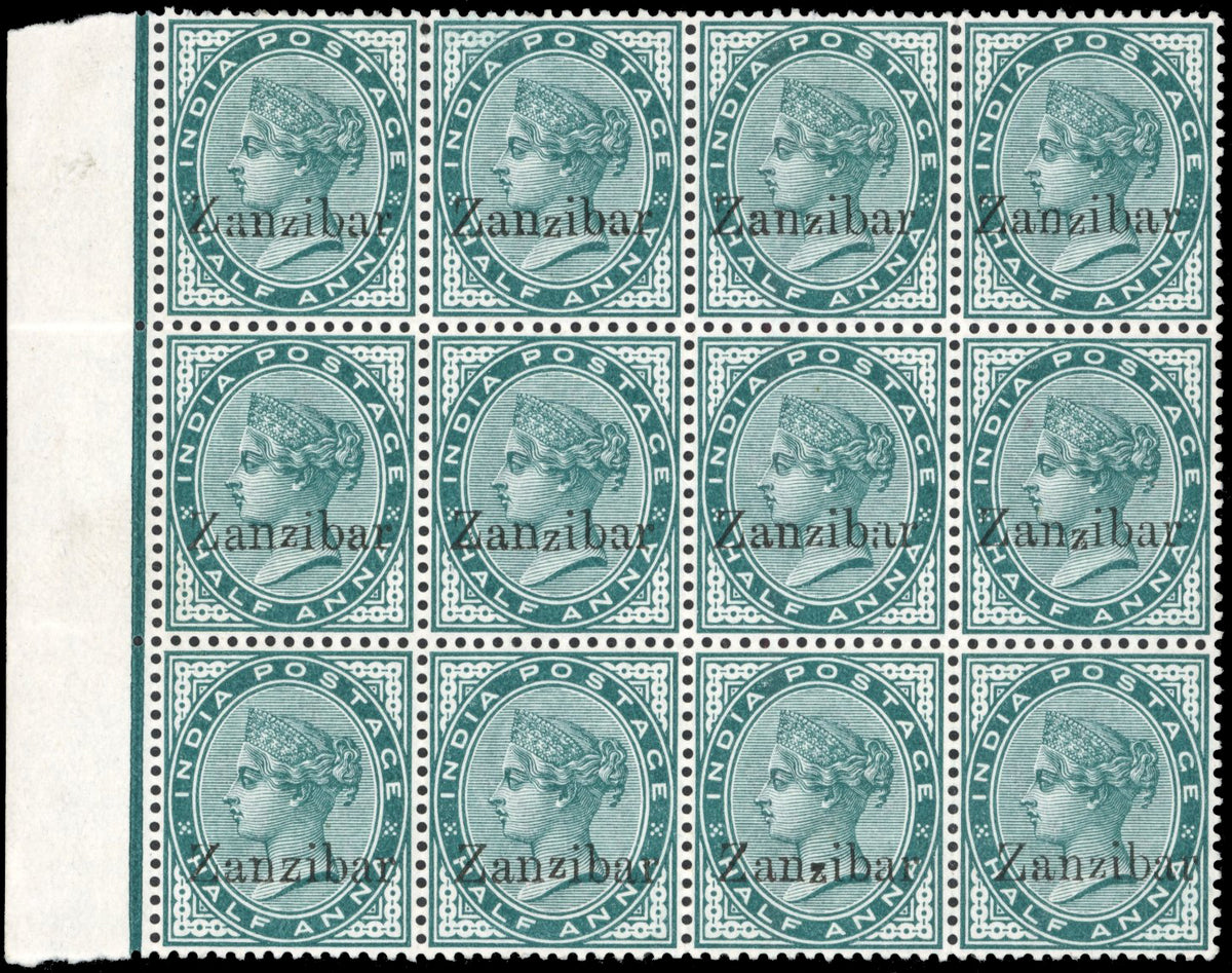 Zanzibar SG 3, 3D Mint 1895-96 ½a blue-green block of 12 including Daun's capital Z