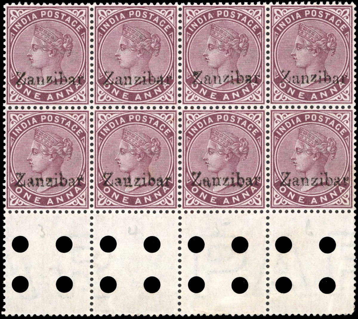 Zanzibar SG 4, 4D Mint 1895-96 1a plum block of 8