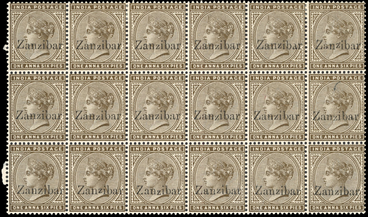Zanzibar SG 5, 5D Mint 1895-96 1a6p sepia block of 18 including Daun's capital Z