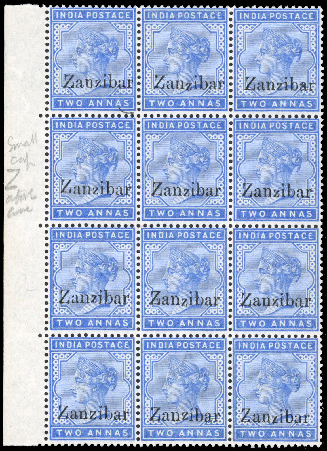 Zanzibar SG 6, 6D Mint 1895-96 2a pale blue block of 12 including Daun's capital Z