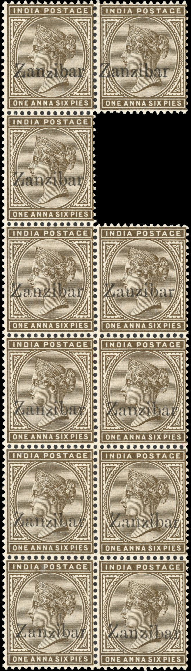 Zanzibar SG 5, 5D vars Mint 1895-96 1a6p sepia block of 11 including rat-tailed r and italic r