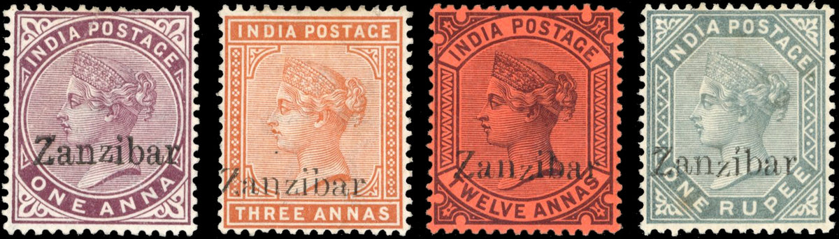 Zanzibar SG 4A, 10A, 16A, 17A Mint 1895-96 1a, 3a, 12a, 1r slate variety First Z antique