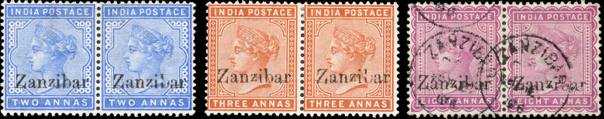 Zanzibar SG 7, 10, 15 vars Mint/Used 1895-96 2a, 3a, 8a showing variety broken stem and bulb of b